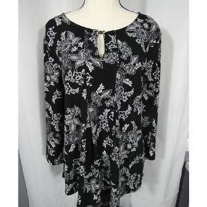 Charter Club Petite Large Black White 3/4 Sleeves Keyhole Closure Career Wear